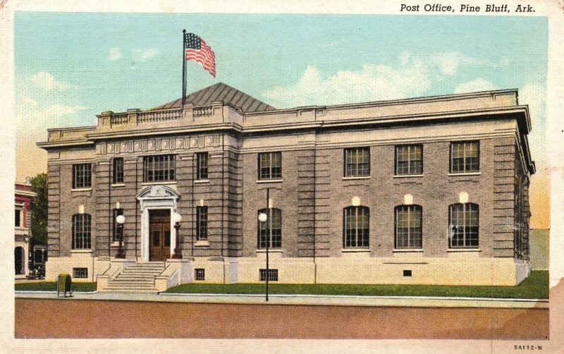 Vintage Postcard Post Office Building Landmark Pine Bluff Arkansas Burham News