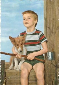 Little boy with his dog Lovely Italian photo  postcard. Size 15 x 10.5 cms