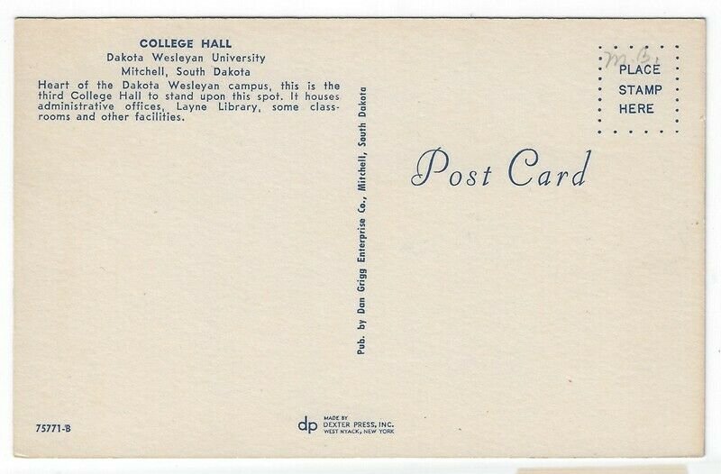 Mitchell, SD, Vintage Postcard View of College Hall, Dakota Wesleyan University