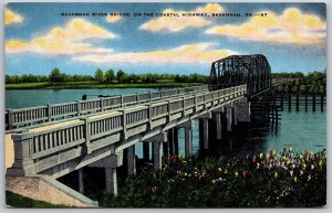 Vtg Georgia GA Savannah River Bridge Coastal Highway 1940s Linen View Postcard