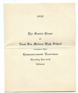 1920 Senior Class East Des Moines High School Commencement Exercise Invitation
