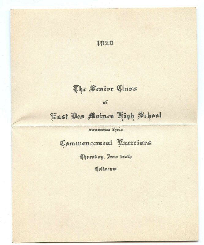 1920 Senior Class East Des Moines High School Commencement Exercise Invitation