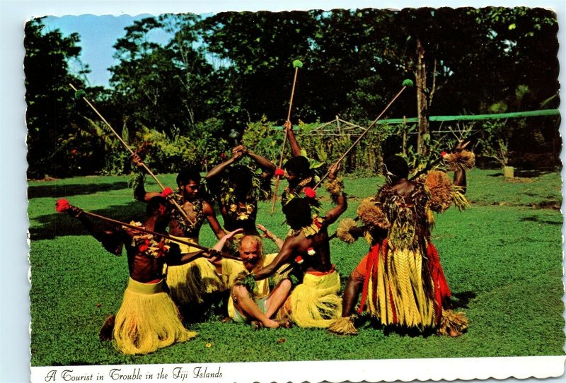 Fijian War Dance Spear Dance Fiji Westerner in Trouble Vintage 4x6 Postcard E16