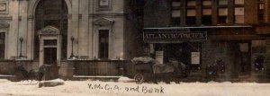 NEW BRITAIN CONNECTICUT RPPC YMCA & BANK HORSE & SLEIGH 1910's PHOTO POSTCARD