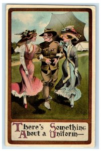 c1910's Two Girls And Soldier Military WWI Romance Posted Antique Postcard 