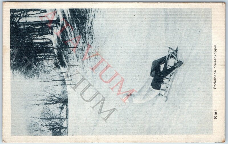 c1910s Kiel, Germany Toboggan Man Sledding Snow PC Krusenkoppel Park Crull A192