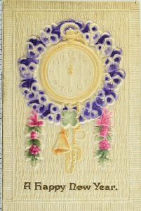 Circa 1910 New Years Clock Lovely Flowers Embossed Vintage Postcard P54