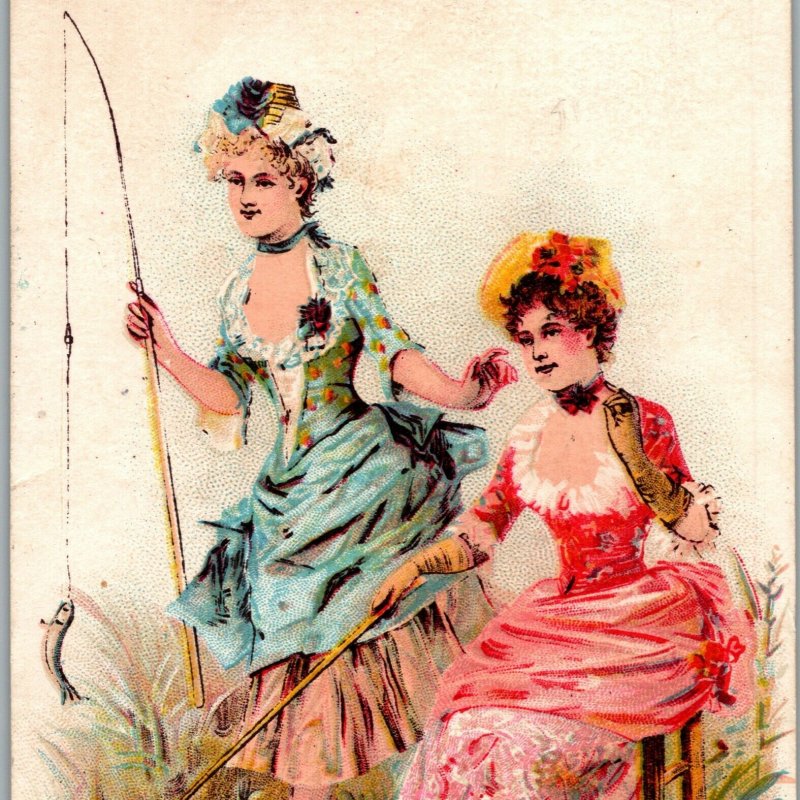 Eat Huggins' Crackers And Candies Beautiful Women Fishing Victorian Trade Card