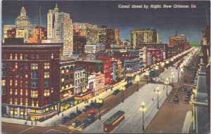 USA Canal Street by Night New Orleans Louisiana Linen Postcard 05.42