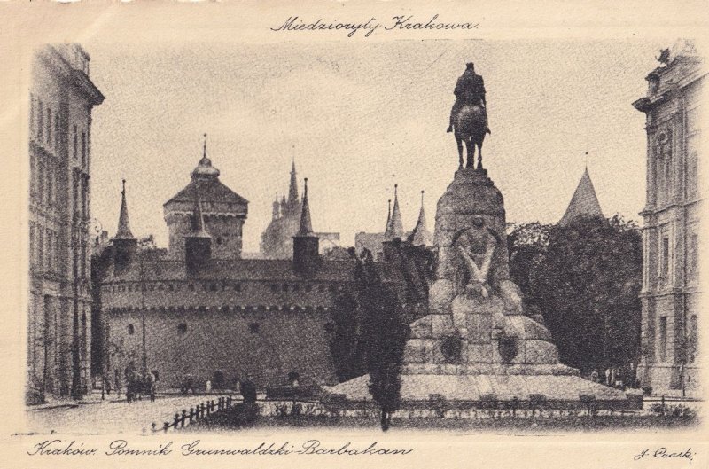 Krakow Pomnik Barbakan Statue Monument Miedzioryt Postcard