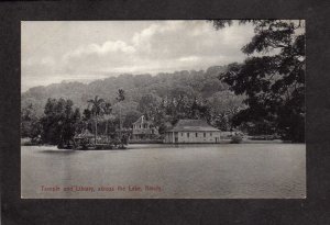 Temple and Library across lake Ceylon Ceylan Postcard Sri Lanka