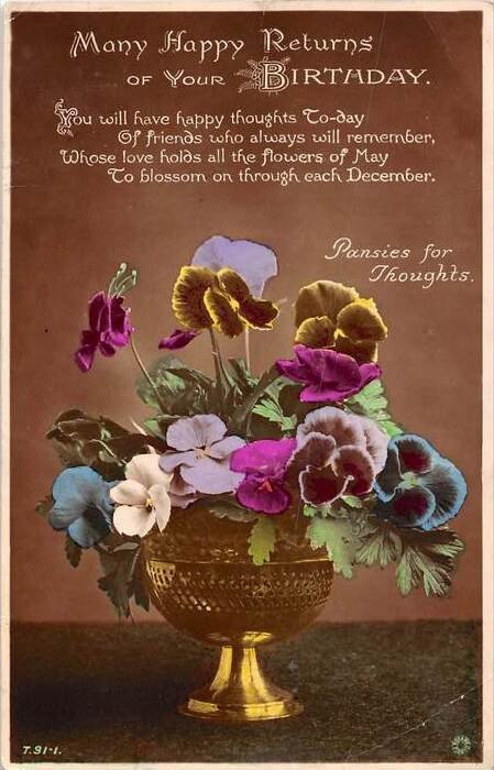 Gold Bowl of Pansies , Birthday Poem