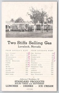 Lovelock NV Two Stiffs Selling Gas Station Pumps Auto Nevada Adv Postcard W23