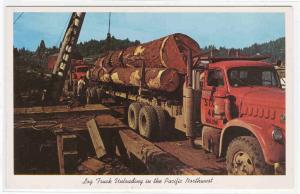 Logging Truck Unloading Logs Pacific Northwest 1950s postcard