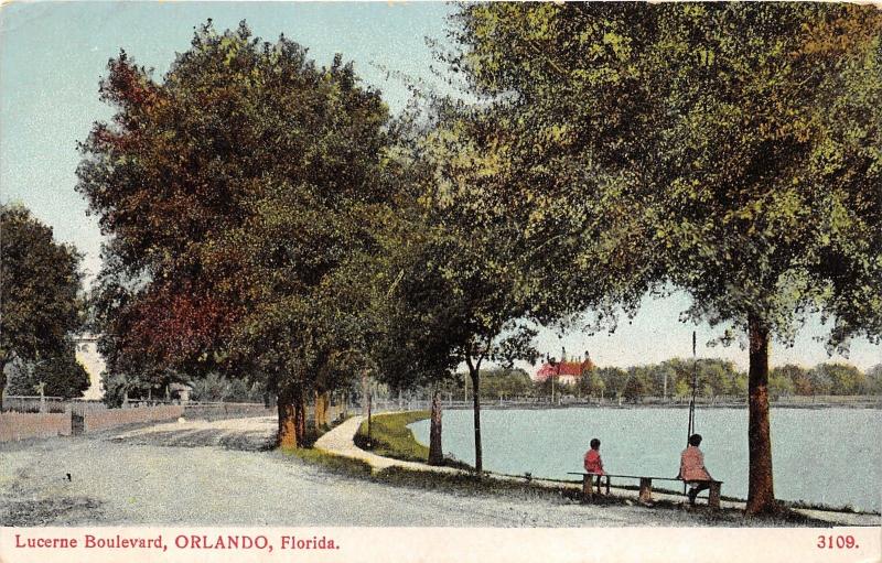 Orlando Florida~Lucerne Boulevard~Lady-Child Sitting on Bench Viewing Lake~c1905