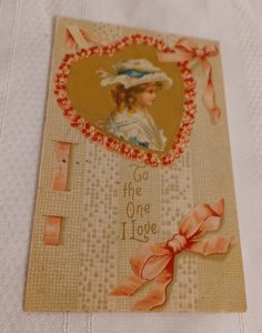 To the One I Love Valentine Postcard Girl Hearts Pink Ribbon International Art