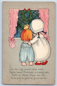 Gibson Postcard Christmas Children On Window Watching Silver Moon Saint Paul NE