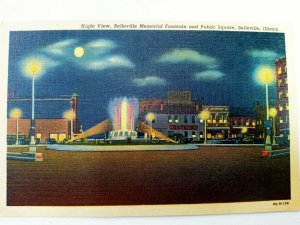 Vintage Postcard 1930's Night Belleville Memorial Fountain & Public Square IL