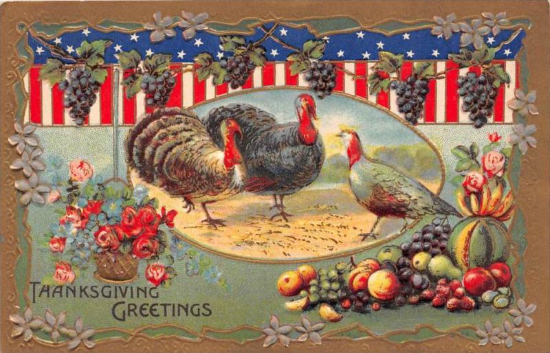 Thanksgiving   Turkeys,  American Flag Banners