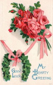 Vintage Postcard Good Luck My Hearty Greeting Special Celebration Flower Bouquet