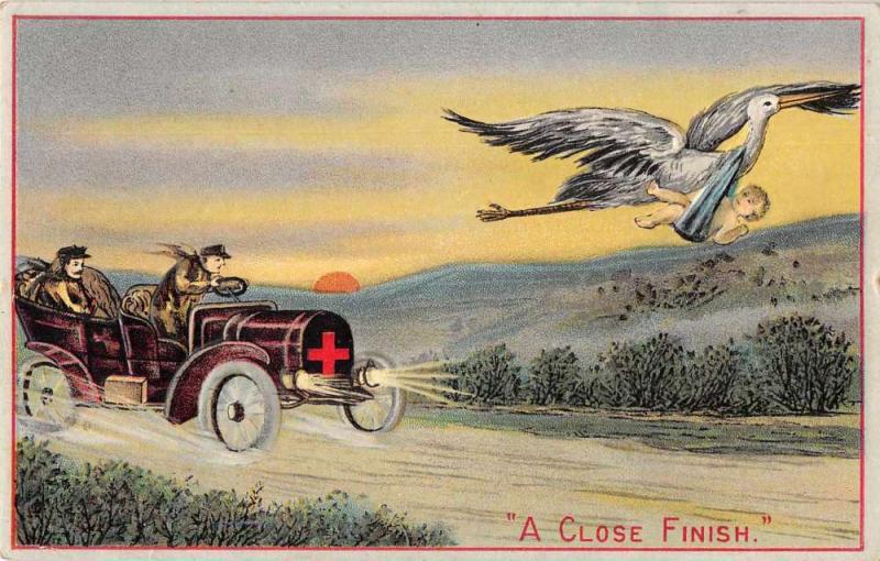 Greetings Automobile Race Stork with Baby A Close Finish Postcard JD228148