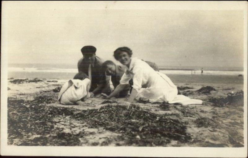 Family Plays on Beach - Salisbury Written on Back c1910 Real Photo Postcard #1