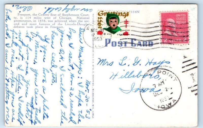 FREEPORT, IL Illinois  ~  U.S. POST OFFICE  1953  Stephenson County Postcard