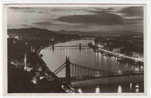 Danube River Bridges at Night Budapest Hungary RPPC Real Photo postcard