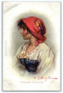 c1910s Pretty Woman Red Bonnet Popolana Veneziana Artist Signed Antique Postcard