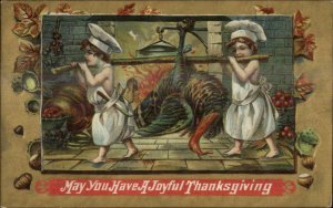 Thanksgiving - Little Boy Chefs Ready to Cook Turkey c1910 Embossed Postcard