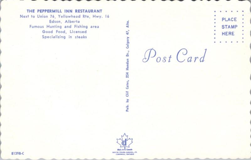 The Peppermill Inn Restaurant Edson Alberta AB Unused Vintage Postcard D36