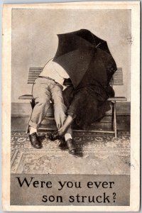 Were You Ever Son Struck?, Lovers Behind Umbrella, Romance, Vintage Postcard