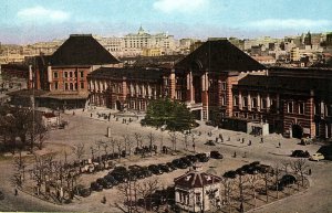 1930s TOKYO JAPAN TOKYO STATION OLD CARS AERIAL VIEW POSTCARD P1516