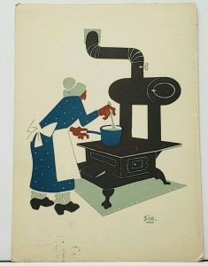 The Kitchen Range, Old Iron Stove Goodwife Stirs Gravy Signed SIM Postcard F11