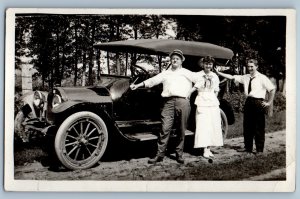 c1910's Men And Woman Car Auto Scene Field Wisconsin RPPC Photo Antique Postcard