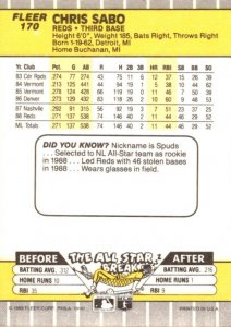 1989 Fleer Baseball Card Chris Sabo Third Base Cincinnati Reds sun0660