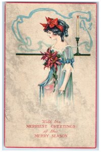 c1910's Merriest Greetings Pretty Woman Poinsettia Flowers Volland Postcard