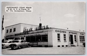 Germantown Peoria Illinois~Marchano's Steak House~Art Deco Front~1950s Cars~B&W
