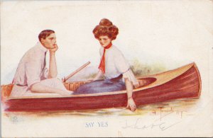 Man Woman Couple in Boat 'Say Yes' Courtship c1911 Postcard G65