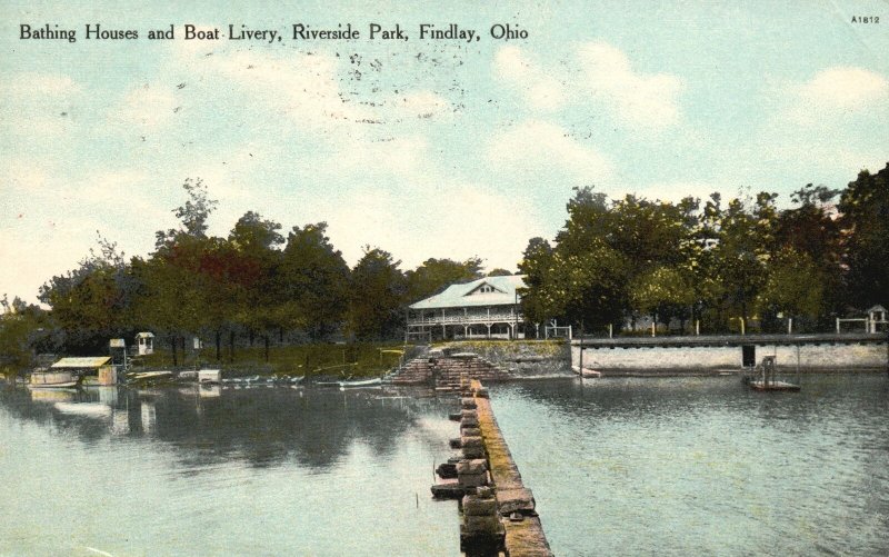 Vintage Postcard 1909 Bathing Houses And Boat Livery Riverside Park Findlay Ohio