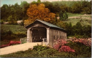 Hand Colored Postcard Old Covered Bridge West Arlington Road Manchester Vermont