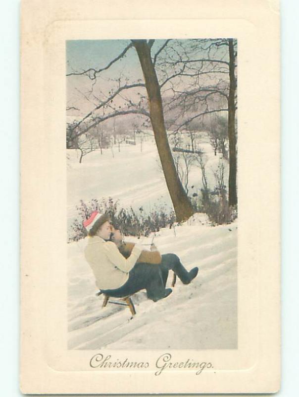 Unused Pre-Linen christmas KIDS RIDING ON TOBOGGAN SLED DOWN THE HILL J1289