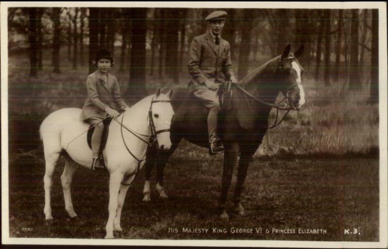 King George VI & Princess Elizbeth Riding Horses Real Photo Postcard