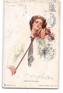 Pretty Woman Playing Violin Postcard 1911 Song of the Soul