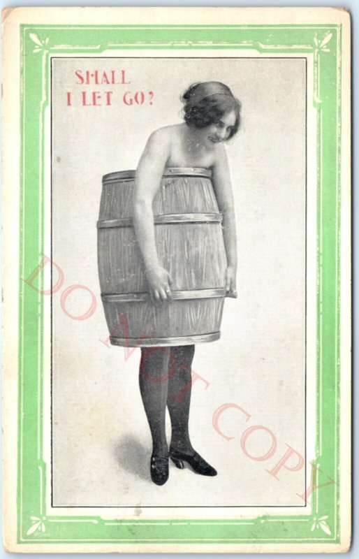 c1910s Risque Freaky Girl Topless in Barrel Let Go? Litho Photo Pinup