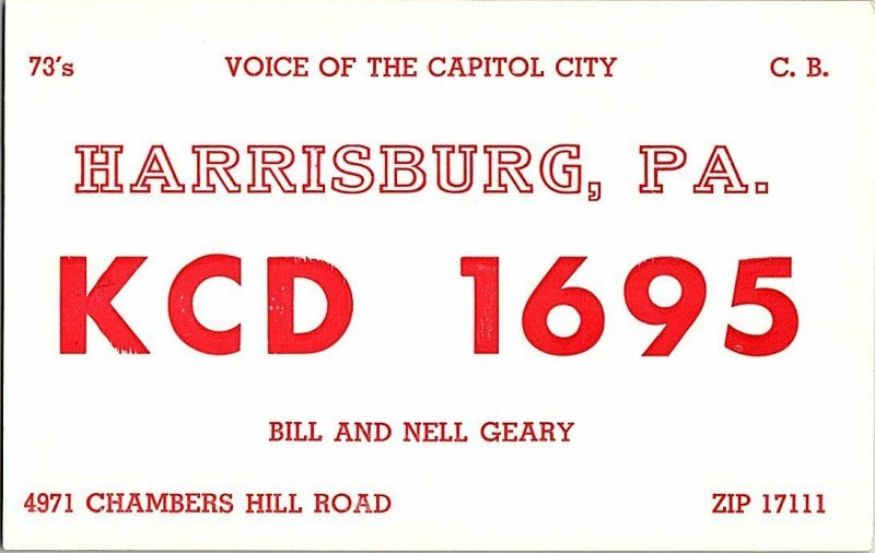 QSL Radio Card From Harrisburg PA. Pennsylvania KCD 1695 