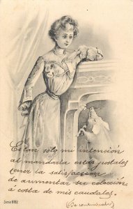 Holidays & celebrations luck greetings fantasy drawn woman with pig 1902