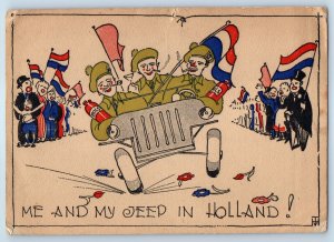 c1940's Victory Soldiers Me And My Jeep In Holland France WWII Vintage Postcard