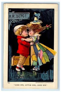 c1910's R.R Depot Little Girl And Boy Kissing Good Bye Unposted Antique Postcard 