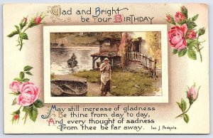 Glad And Bright Be Your Birthday Old Woman In Riverside Landscaped Postcard